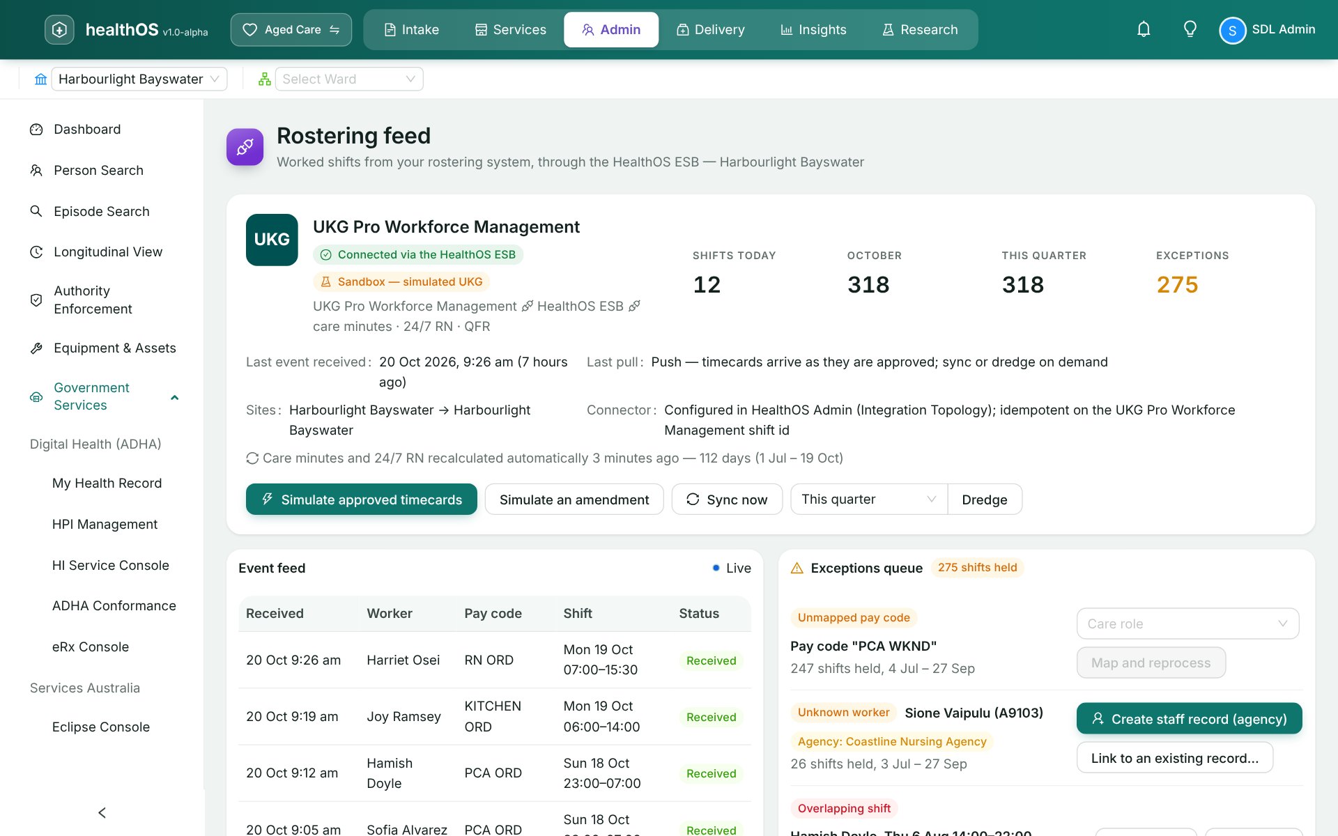 The Rostering Feed in HealthOS: the UKG connection's status, shifts received today, this month and this quarter, the live event feed of approved timecards and an empty exceptions queue.