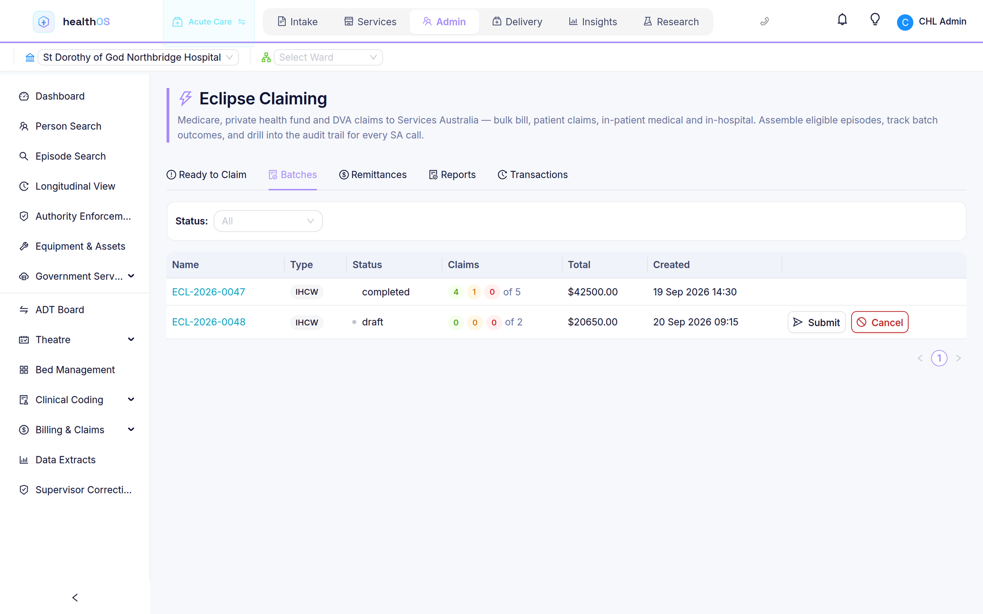 Eclipse claim batches: a completed batch with its accepted and rejected claims, and a draft ready to submit.