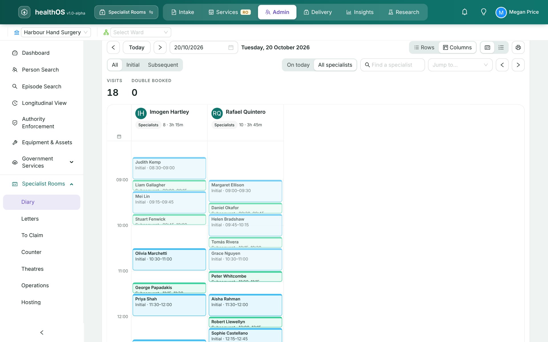 The rooms appointment book in HealthOS: a column for each specialist, the morning's visits from 8:30, initial consultations and reviews, as the front desk sees them.