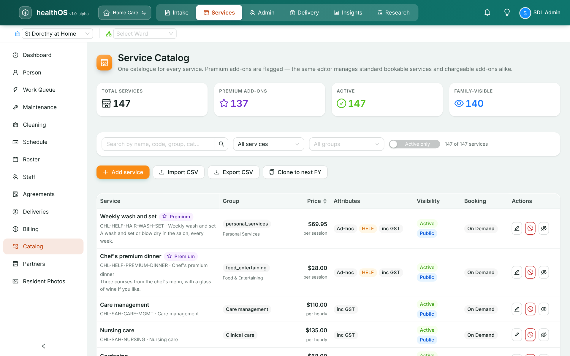 HealthOS service catalogue listing services with their group, price, attributes, visibility and booking type
